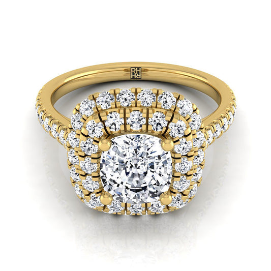 14K Yellow Gold Cushion Double Halo and Linear Pave Engagement Diamond Ring -3/4ctw