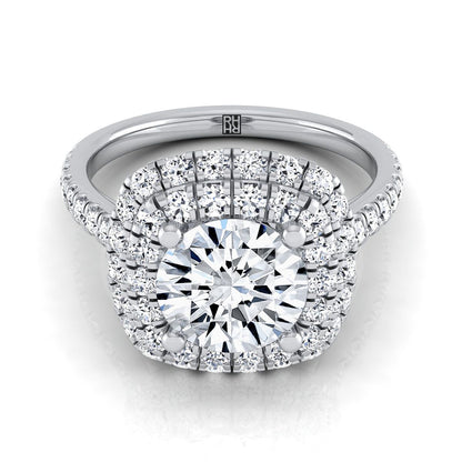 Platinum Round Brilliant Double Halo and Linear Pave Engagement Diamond Ring -3/4ctw