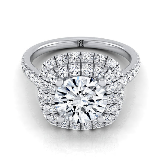 18K White Gold Round Brilliant Double Halo and Linear Pave Engagement Diamond Ring -3/4ctw