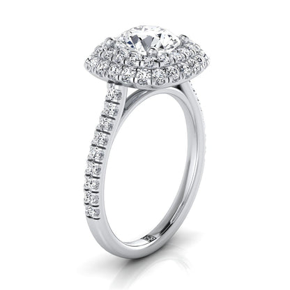 Platinum Round Brilliant Double Halo and Linear Pave Engagement Diamond Ring -3/4ctw