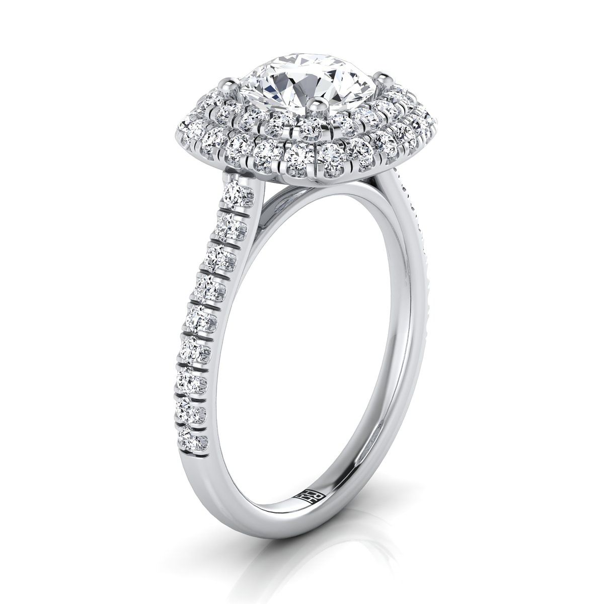 18K White Gold Round Brilliant Double Halo and Linear Pave Engagement Diamond Ring -3/4ctw