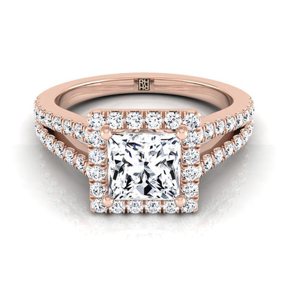 14K Rose Gold Princess Cut Split Shank and Diamond Pave Halo Engagement Ring -1/2ctw