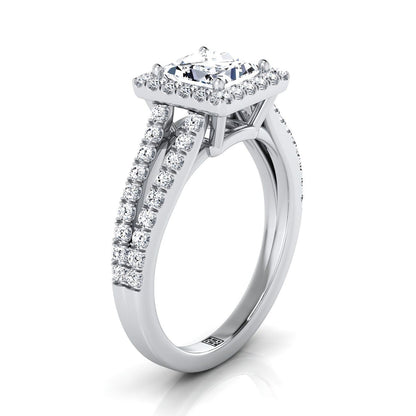 18K White Gold Princess Cut Split Shank and Diamond Pave Halo Engagement Ring -1/2ctw
