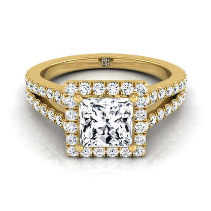 14K Yellow Gold Princess Cut Split Shank and Diamond Pave Halo Engagement Ring -1/2ctw