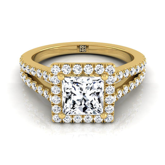 18K Yellow Gold Princess Cut Split Shank and Diamond Pave Halo Engagement Ring -1/2ctw