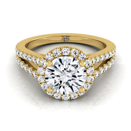 18K Yellow Gold Round Brilliant Split Shank and Diamond Pave Halo Engagement Ring -1/2ctw