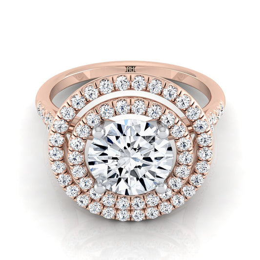 14K Rose Gold Round Brilliant Double Halo Diamond Split Shank Pave Engagement Ring -1/2ctw