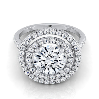 18K White Gold Round Brilliant Double Halo Diamond Split Shank Pave Engagement Ring -1/2ctw