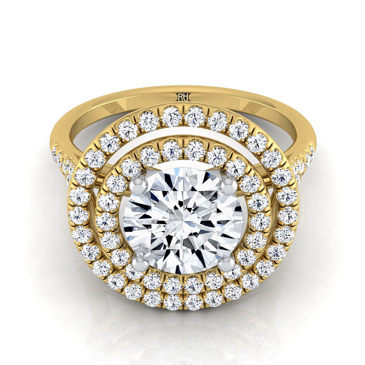14K Yellow Gold Round Brilliant Double Halo Diamond Split Shank Pave Engagement Ring -1/2ctw