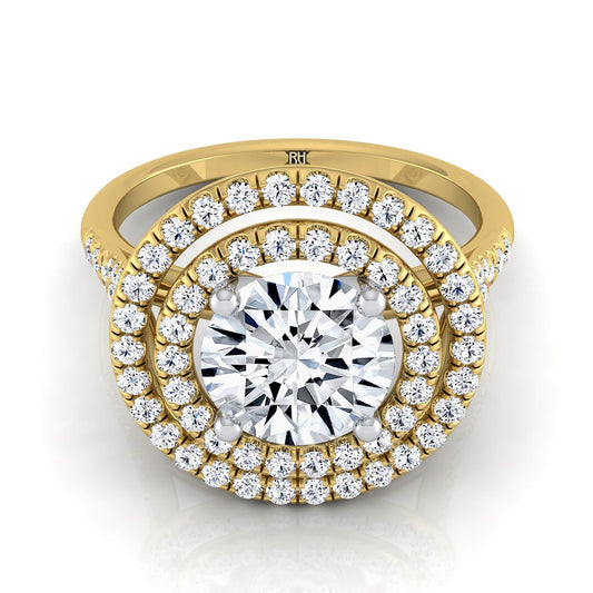 18K Yellow Gold Round Brilliant Double Halo Diamond Split Shank Pave Engagement Ring -1/2ctw