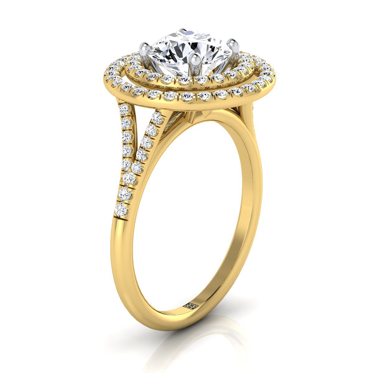 14K Yellow Gold Round Brilliant Double Halo Diamond Split Shank Pave Engagement Ring -1/2ctw