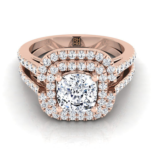 14K Rose Gold Cushion Open Double Diamond Row Split Shank and Halo Engagement Ring -5/8ctw
