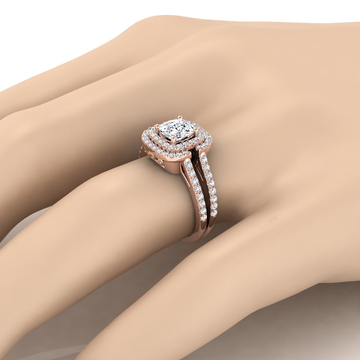 14K Rose Gold Cushion Open Double Diamond Row Split Shank and Halo Engagement Ring -5/8ctw