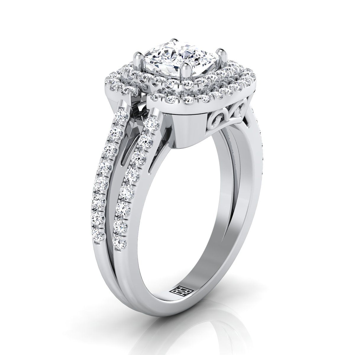 14K White Gold Cushion Open Double Diamond Row Split Shank and Halo Engagement Ring -5/8ctw