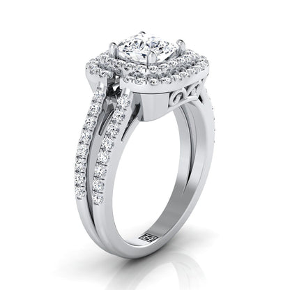 18K White Gold Cushion Open Double Diamond Row Split Shank and Halo Engagement Ring -5/8ctw