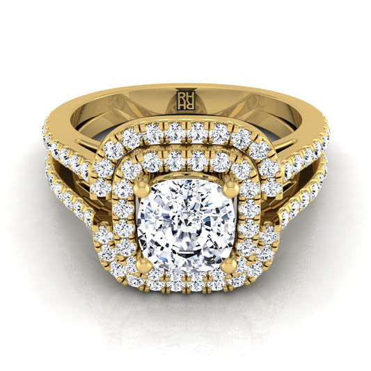 14K Yellow Gold Cushion Open Double Diamond Row Split Shank and Halo Engagement Ring -5/8ctw
