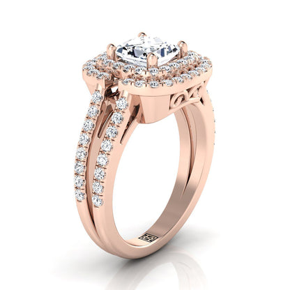 14K Rose Gold Princess Cut Open Double Diamond Row Split Shank and Halo Engagement Ring -5/8ctw