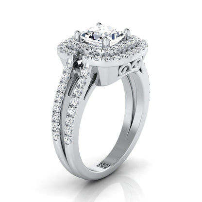 Platinum Princess Cut Open Double Diamond Row Split Shank and Halo Engagement Ring -5/8ctw