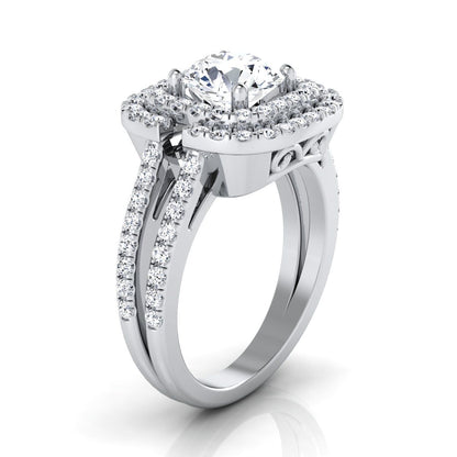 18K White Gold Round Brilliant Open Double Diamond Row Split Shank and Halo Engagement Ring -5/8ctw