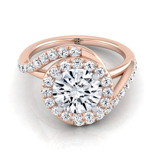 14K Rose Gold Round Brilliant Diamond French Pave Swirl Twist Halo Engagement Ring -1/2ctw