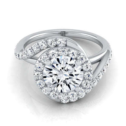 Platinum Round Brilliant Diamond French Pave Swirl Twist Halo Engagement Ring -1/2ctw