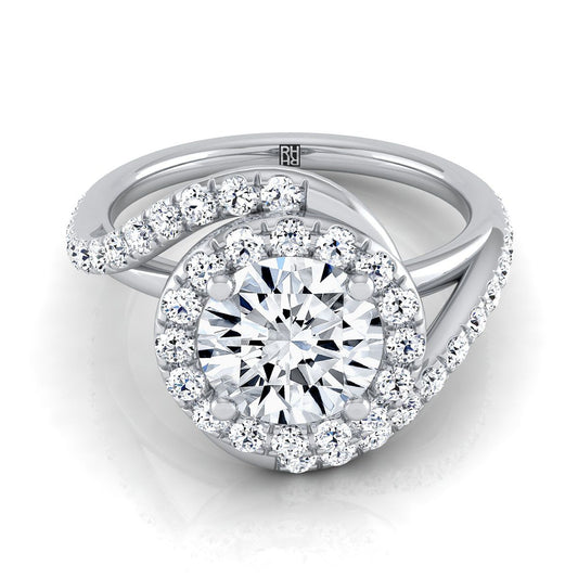 Platinum Round Brilliant Diamond French Pave Swirl Twist Halo Engagement Ring -1/2ctw