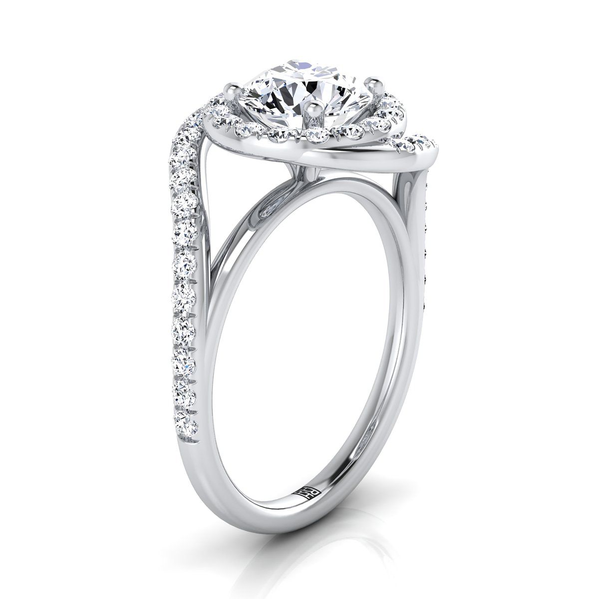 18K White Gold Round Brilliant Diamond French Pave Swirl Twist Halo Engagement Ring -1/2ctw