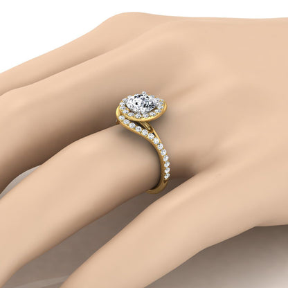 14K Yellow Gold Round Brilliant Diamond French Pave Swirl Twist Halo Engagement Ring -1/2ctw