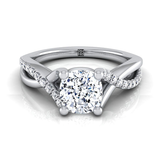 18K White Gold Cushion Bypass Pave Diamond Twist Engagement Ring -1/6ctw