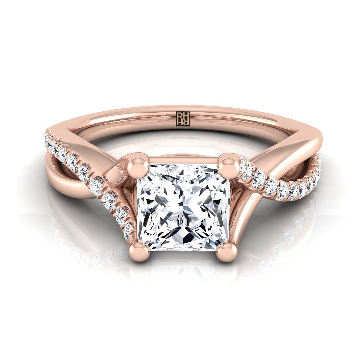 14K Rose Gold Princess Cut Bypass Pave Diamond Twist Engagement Ring -1/6ctw