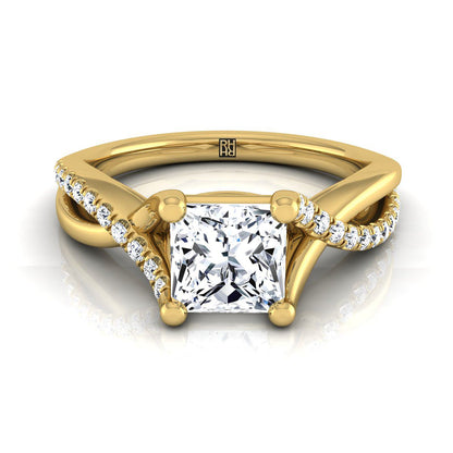 14K Yellow Gold Princess Cut Bypass Pave Diamond Twist Engagement Ring -1/6ctw