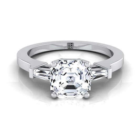 14K White Gold Asscher Cut Diamond Tapered Baguette Accent Engagement Ring -1/4ctw