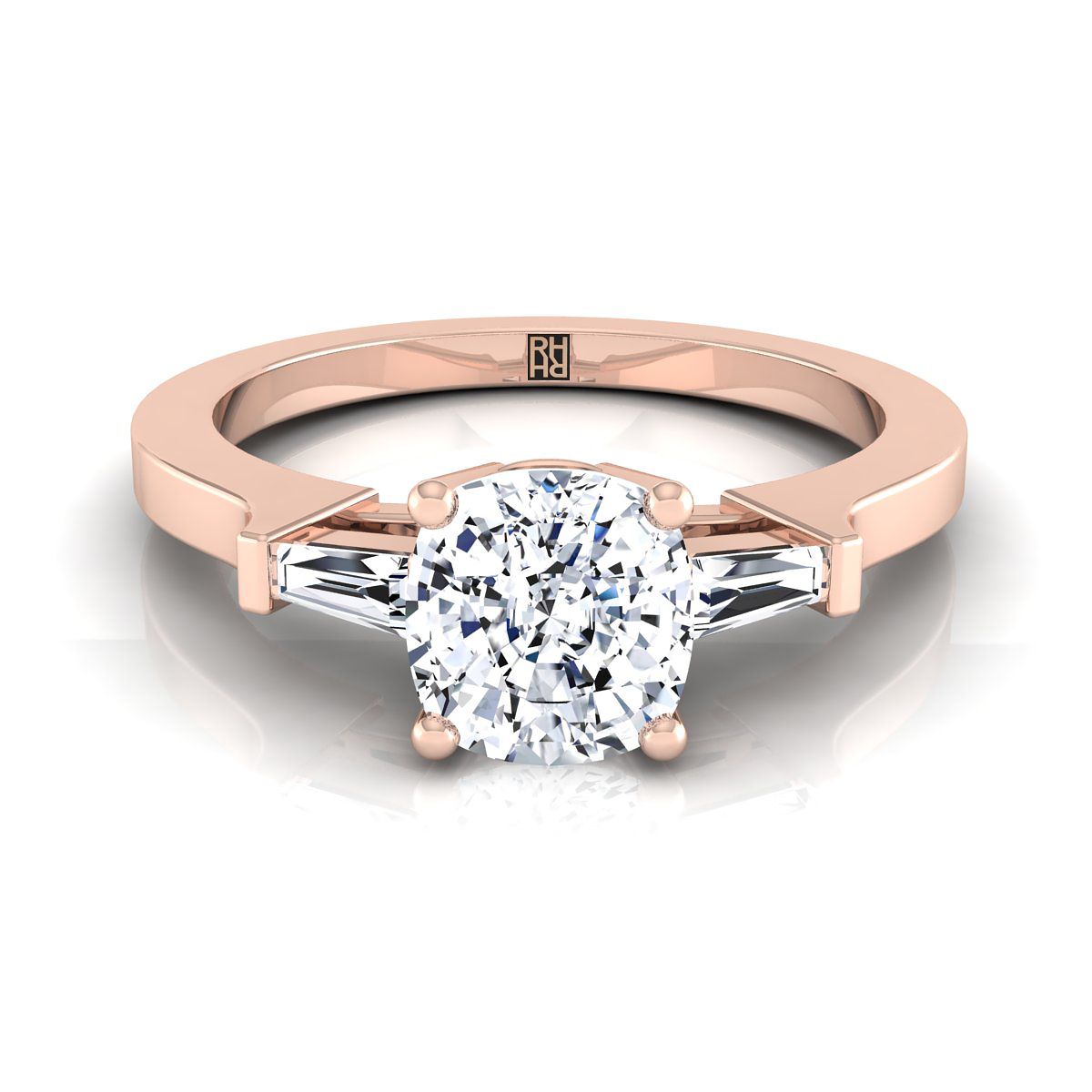 14K Rose Gold Cushion Diamond Tapered Baguette Accent Engagement Ring -1/4ctw