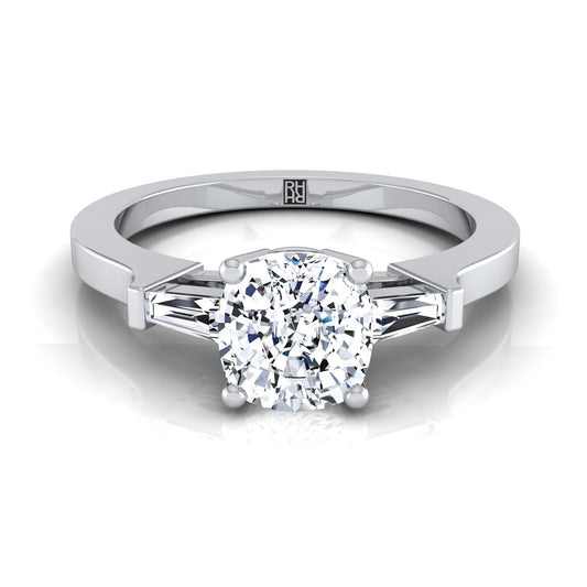 18K White Gold Cushion Diamond Tapered Baguette Accent Engagement Ring -1/4ctw