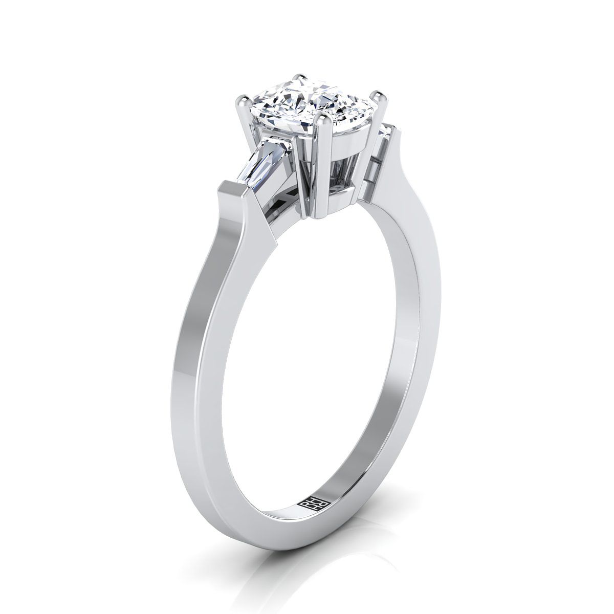 18K White Gold Cushion Diamond Tapered Baguette Accent Engagement Ring -1/4ctw