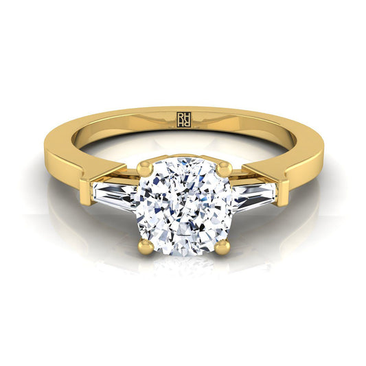 14K Yellow Gold Cushion Diamond Tapered Baguette Accent Engagement Ring -1/4ctw