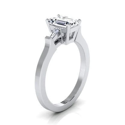 18K White Gold Emerald Cut Diamond Tapered Baguette Accent Engagement Ring -1/4ctw