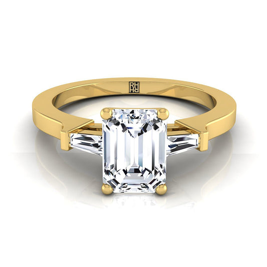 14K Yellow Gold Emerald Cut Diamond Tapered Baguette Accent Engagement Ring -1/4ctw