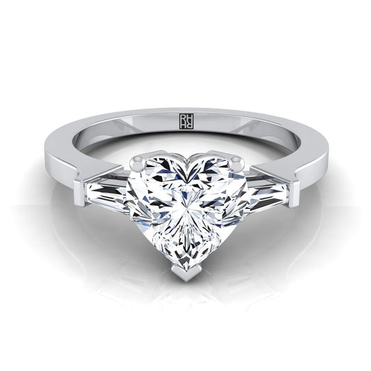 14K White Gold Heart Shape Center Diamond Tapered Baguette Accent Engagement Ring -1/4ctw