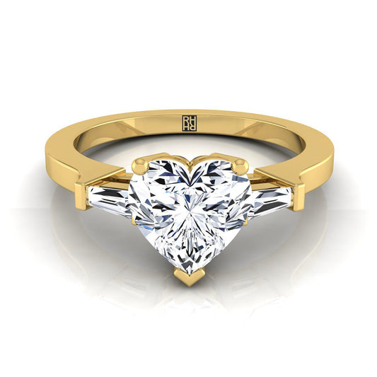 14K Yellow Gold Heart Shape Center Diamond Tapered Baguette Accent Engagement Ring -1/4ctw