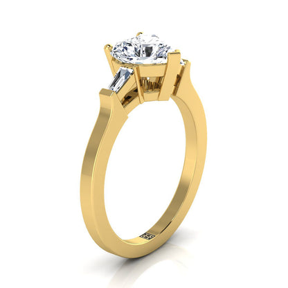 18K Yellow Gold Heart Shape Center Diamond Tapered Baguette Accent Engagement Ring -1/4ctw