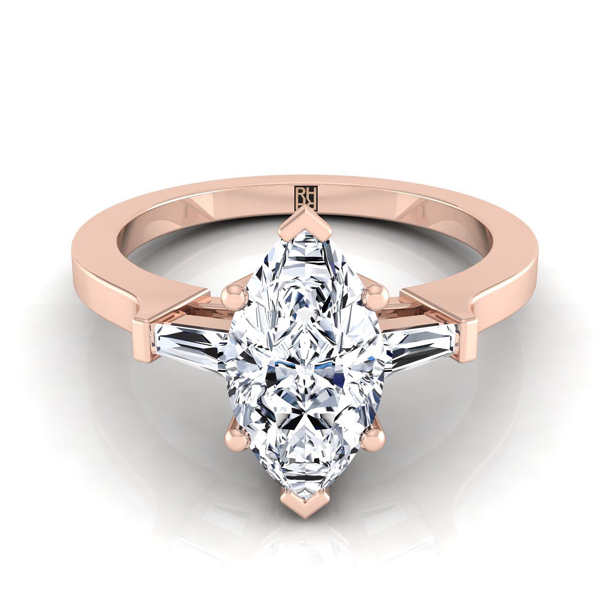14K Rose Gold Marquise  Diamond Tapered Baguette Accent Engagement Ring -1/4ctw