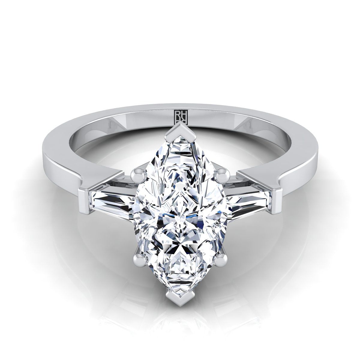 18K White Gold Marquise  Diamond Tapered Baguette Accent Engagement Ring -1/4ctw
