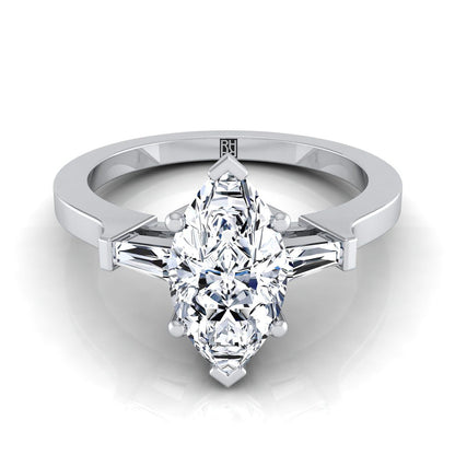 14K White Gold Marquise  Diamond Tapered Baguette Accent Engagement Ring -1/4ctw