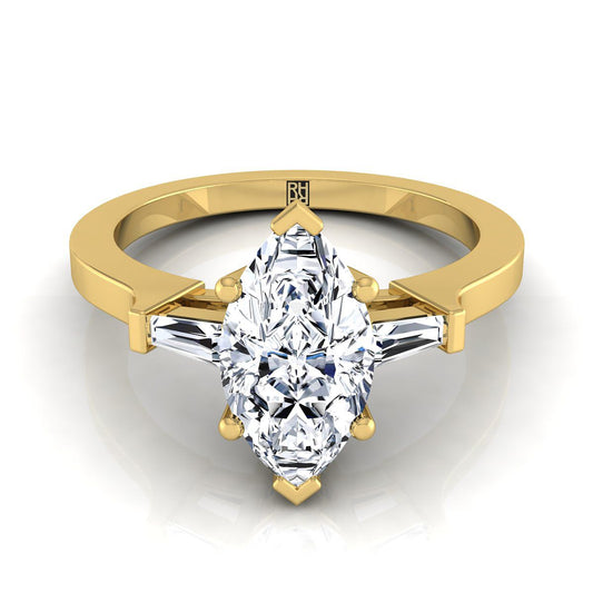 14K Yellow Gold Marquise  Diamond Tapered Baguette Accent Engagement Ring -1/4ctw