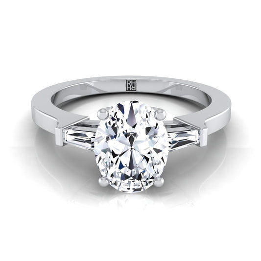 18K White Gold Oval Diamond Tapered Baguette Accent Engagement Ring -1/4ctw