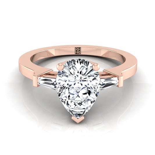 14K Rose Gold Pear Shape Center Diamond Tapered Baguette Accent Engagement Ring -1/4ctw