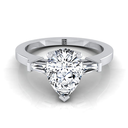 14K White Gold Pear Shape Center Diamond Tapered Baguette Accent Engagement Ring -1/4ctw