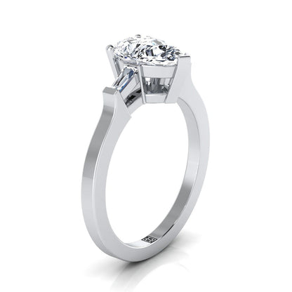 14K White Gold Pear Shape Center Diamond Tapered Baguette Accent Engagement Ring -1/4ctw