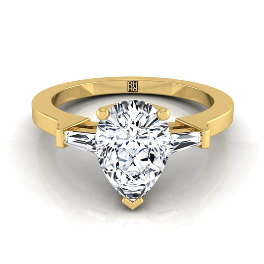 14K Yellow Gold Pear Shape Center Diamond Tapered Baguette Accent Engagement Ring -1/4ctw